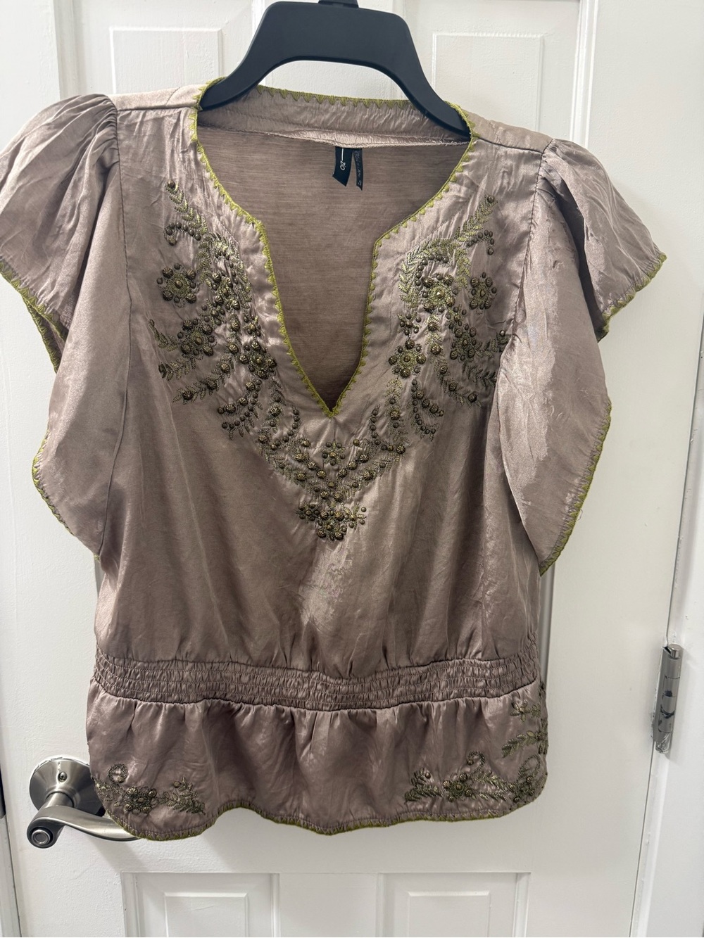 Fun Taupe Satin Top Satin Top with Embroidery, Sz S